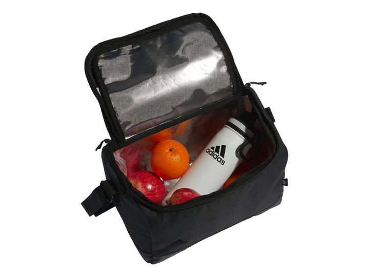 Bolsa térmica Adidas color gris oscuro con correa ajustable y cierre superior.