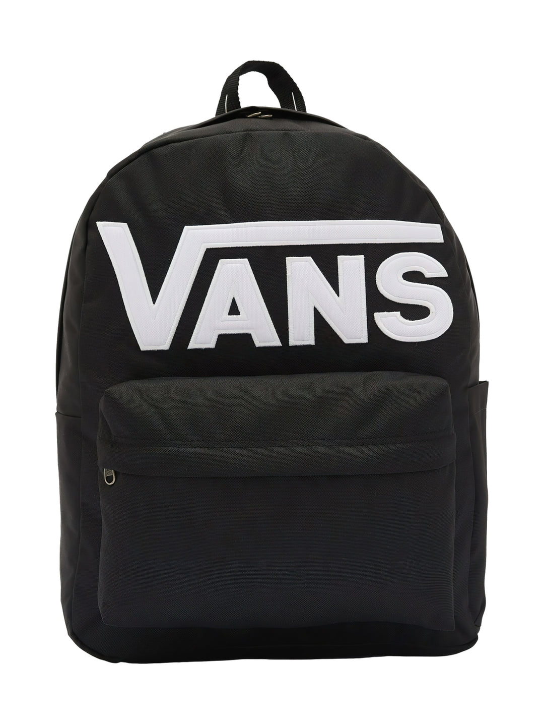 Mochila escolar Vans de color negro con logotipo grande en blanco en el frente y un bolsillo delantero.