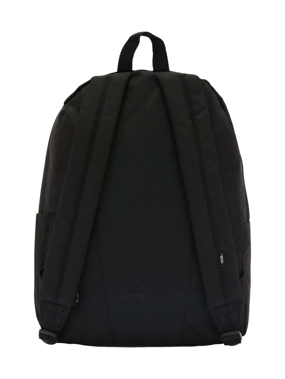 Mochila escolar Vans de color negro con logotipo grande en blanco en el frente y un bolsillo delantero.