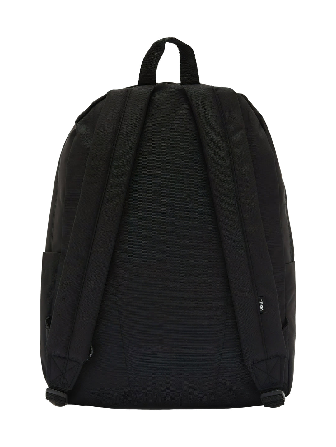 Mochila escolar Vans de color negro con logotipo grande en blanco en el frente y un bolsillo delantero.