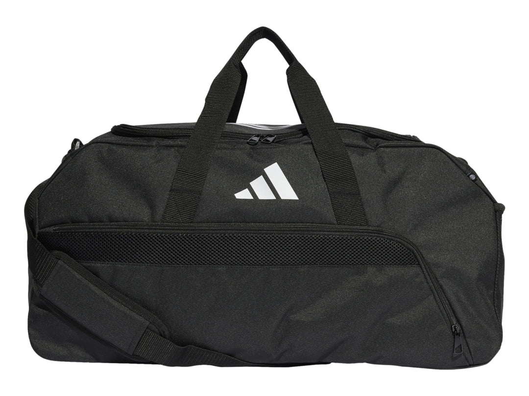 Maleta deportiva Adidas color negro con logotipo blanco en el centro y asas superiores.