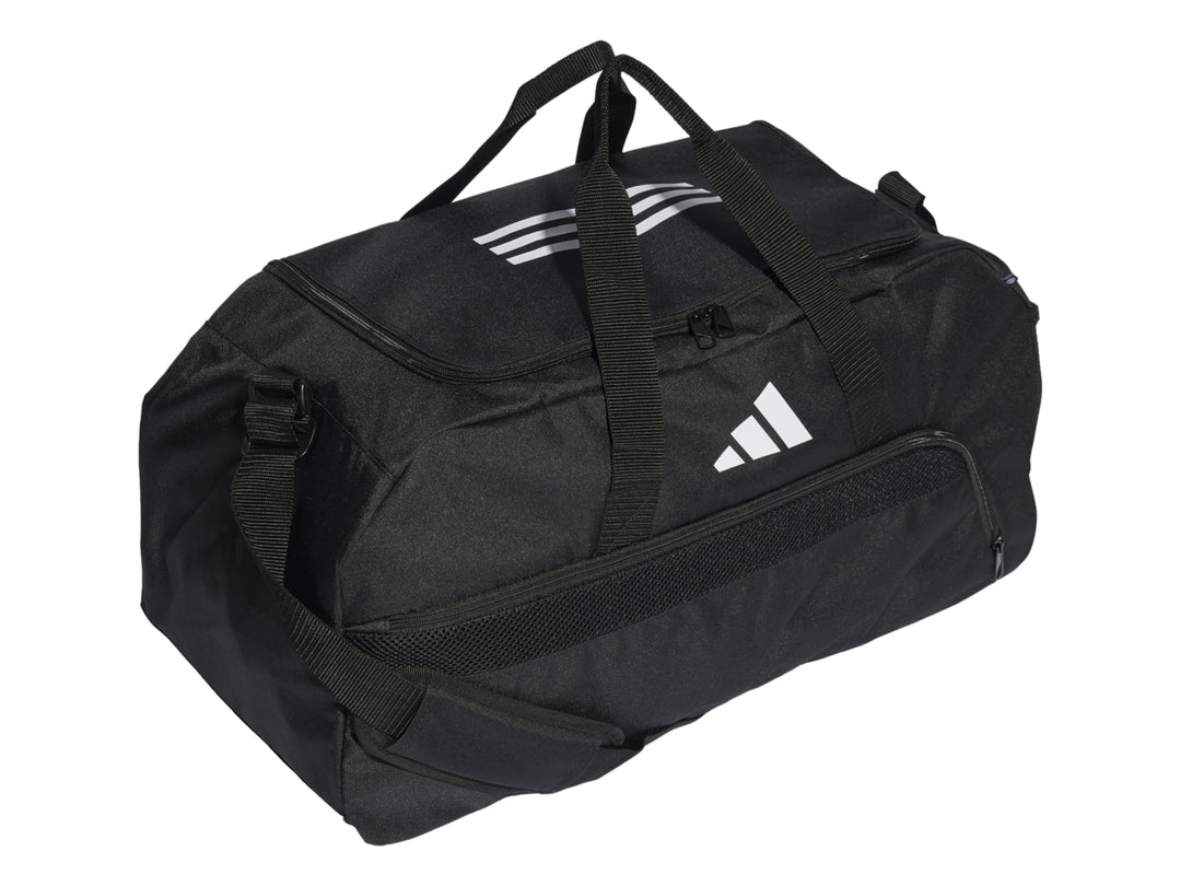 Maleta deportiva Adidas color negro con logotipo blanco en el centro y asas superiores.