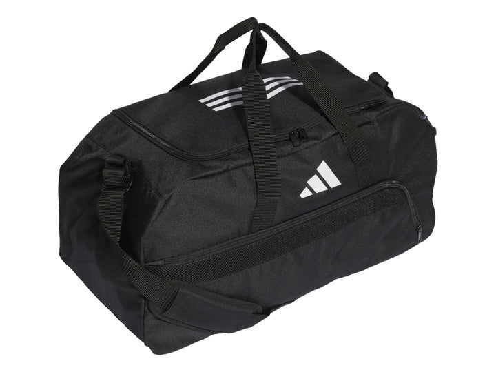 Maleta deportiva Adidas color negro con logotipo blanco en el centro y asas superiores.