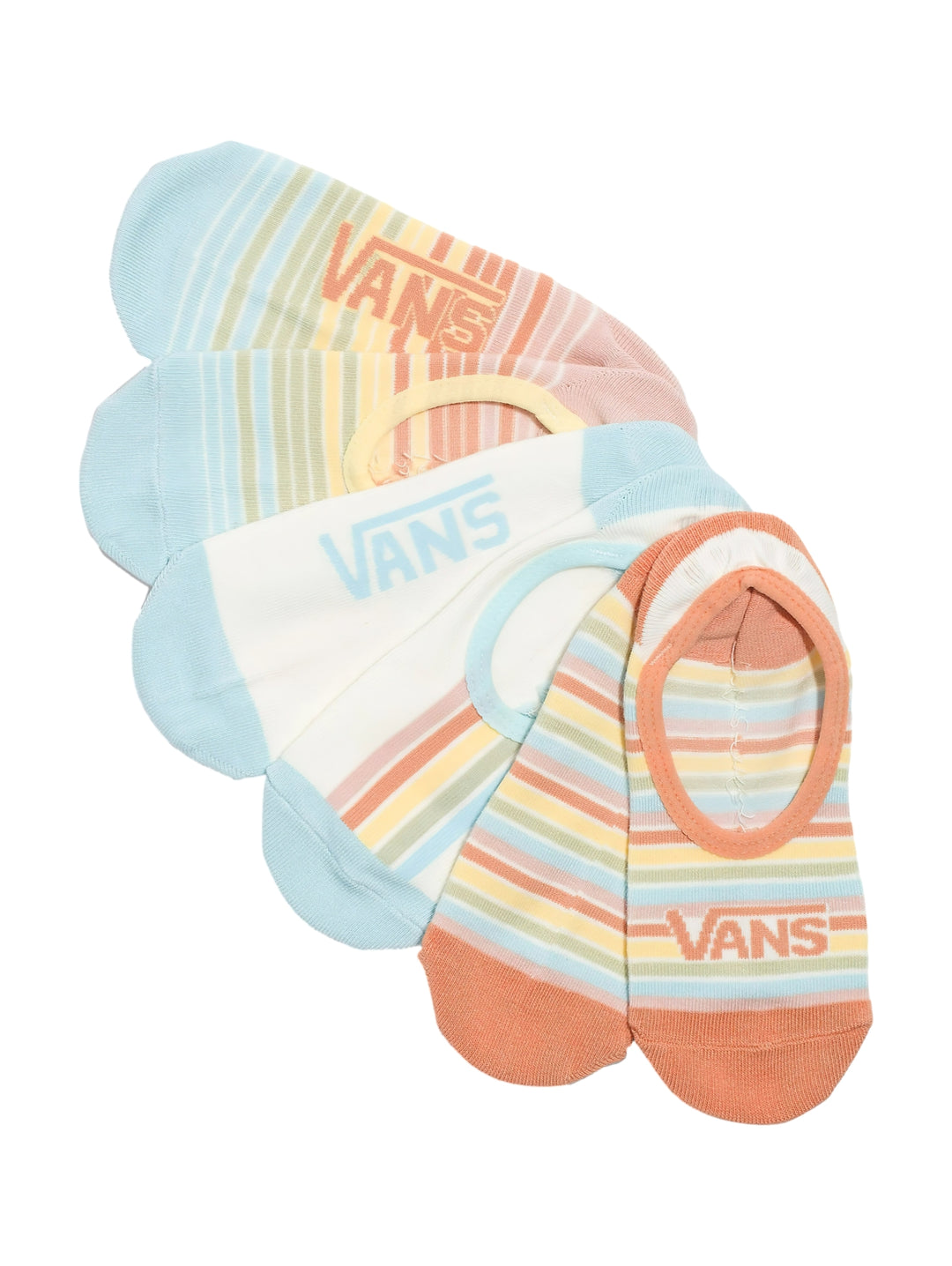 Paquete de calcetines cortos Vans con diseño de rayas en colores pastel naranja, amarillo y azul.