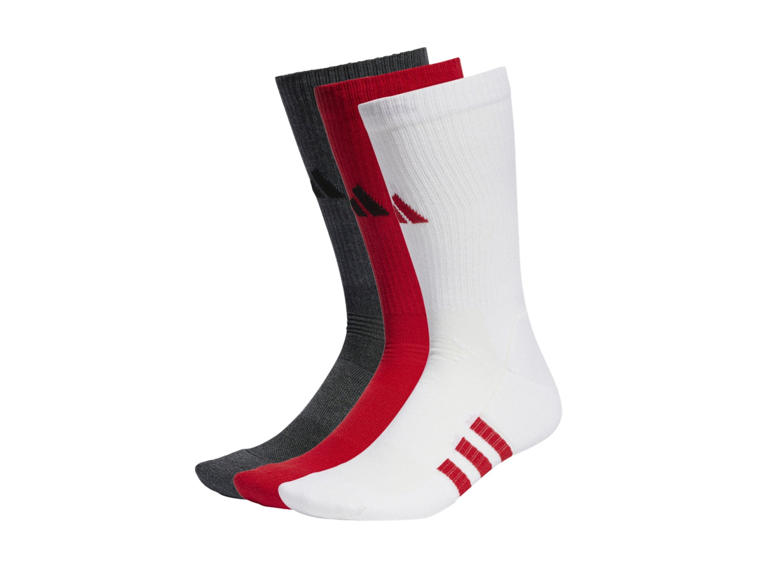 Pack de tres pares de calcetines deportivos Adidas en colores blanco, rojo y gris oscuro.
