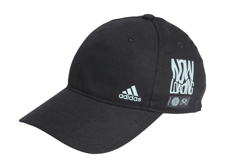 Gorra Adidas negra para niño con logotipo blanco y texto &