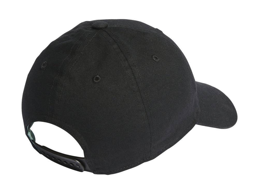 Gorra Adidas negra para niño con logotipo blanco y texto 'NOW LOADING' en color verde claro lateralmente.