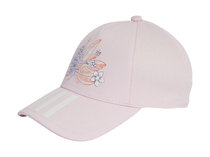 Gorra Adidas color rosa claro para niña con bordado floral y rayas blancas en la visera.