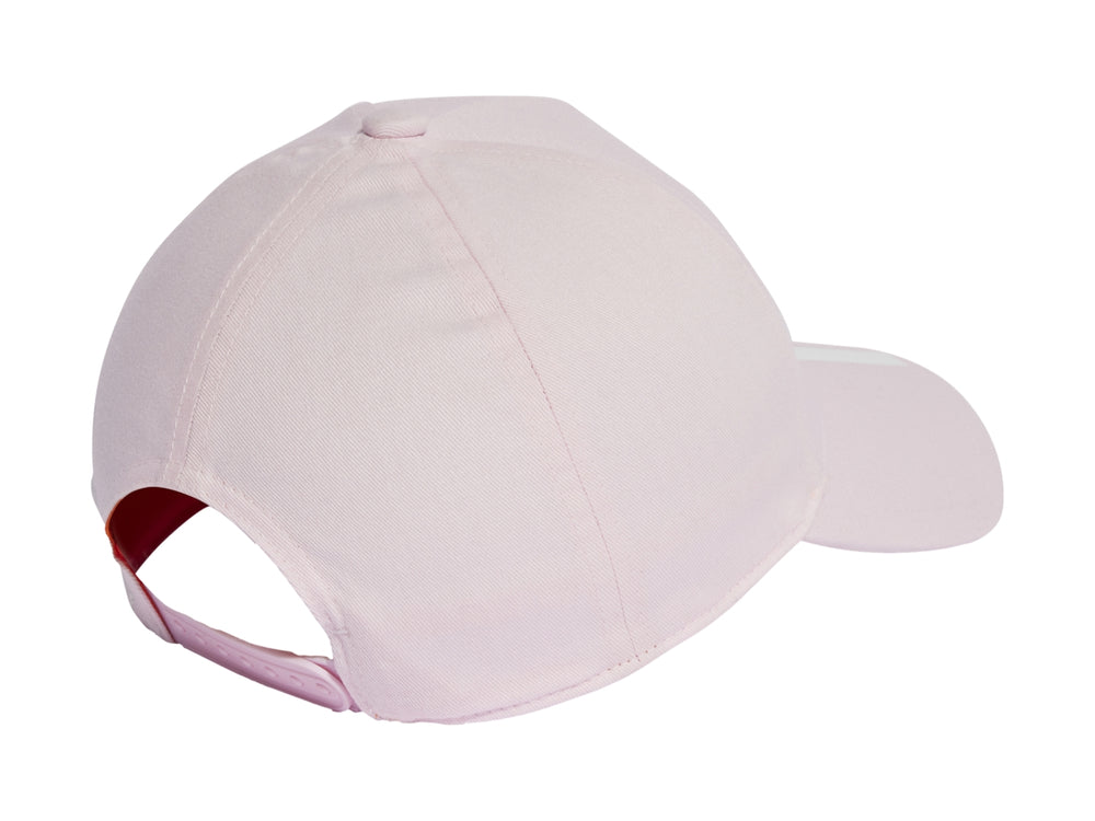 Gorra Adidas color rosa claro para niña con bordado floral y rayas blancas en la visera.