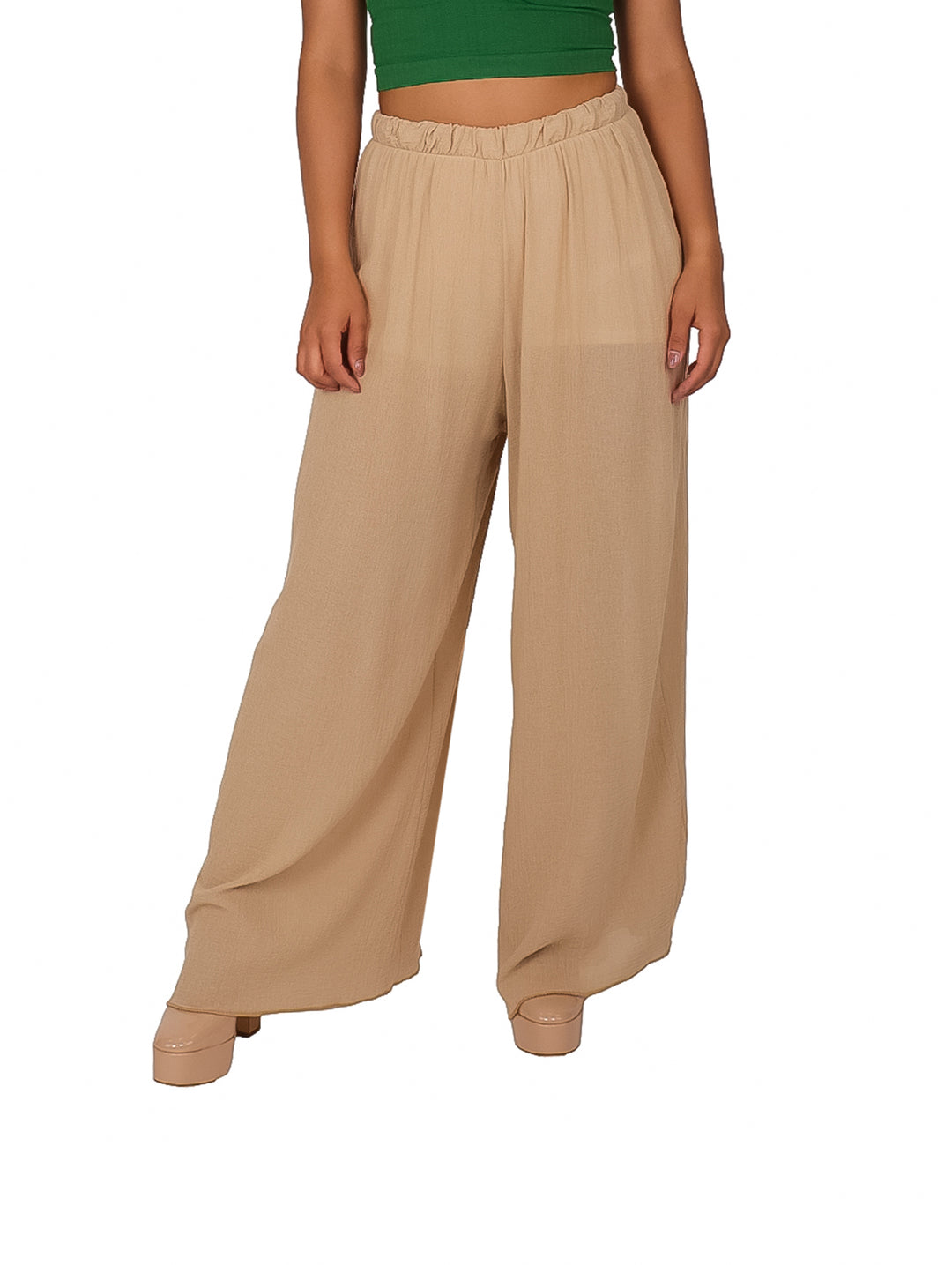Pantalón de manta color arena para mujer, de corte ancho y cintura elástica.