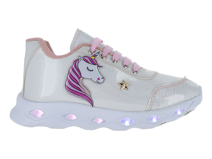 Tenis blancos para niña con detalles en rosa, parche de unicornio y suela con luces LED.