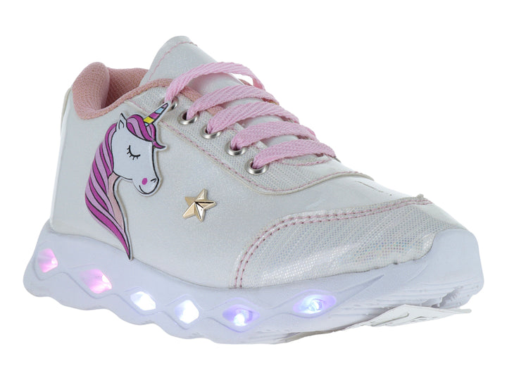 Tenis blancos para niña con diseño de unicornio rosa, detalles brillantes y suela con luces LED integradas.