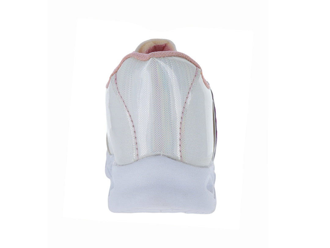 Tenis blancos para niña con diseño de unicornio rosa, detalles brillantes y suela con luces LED integradas.