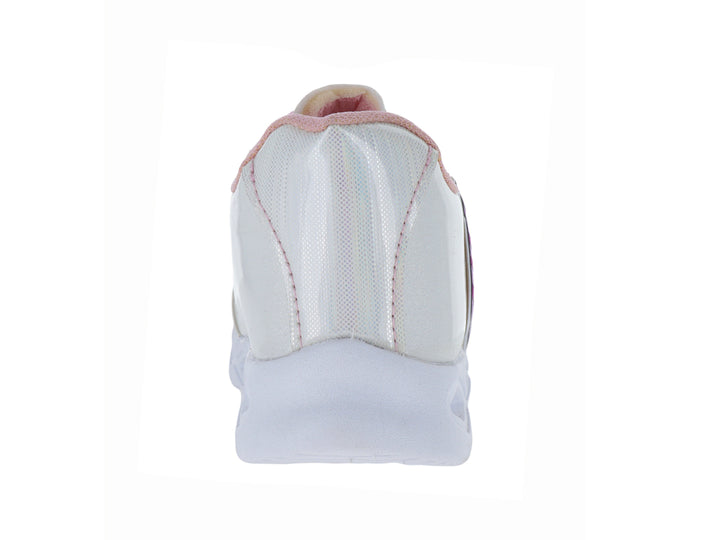 Tenis blancos para niña con diseño de unicornio rosa, detalles brillantes y suela con luces LED integradas.