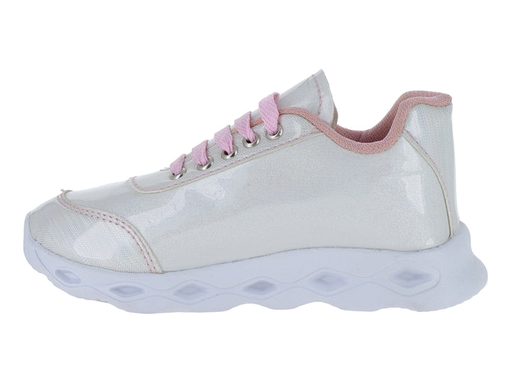 Tenis blancos para niña con diseño de unicornio rosa, detalles brillantes y suela con luces LED integradas.