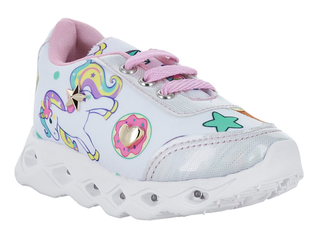 Tenis blancos para niña con diseño de unicornio, detalles en rosa y suela blanca robusta.