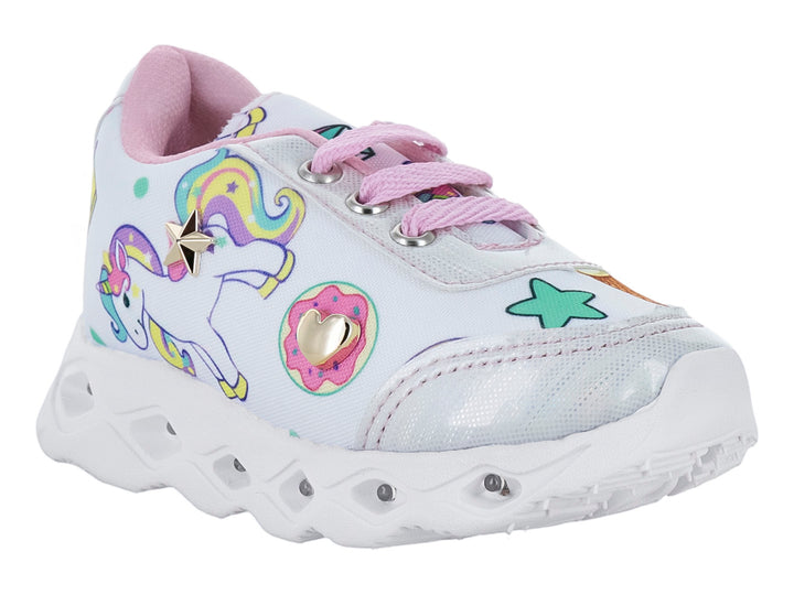 Tenis blancos para niña con diseño de unicornio, detalles en rosa y suela blanca robusta.
