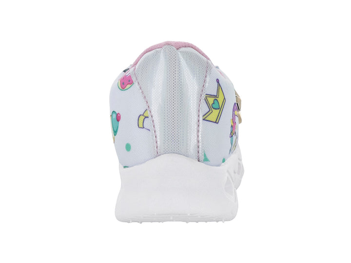 Tenis blancos para niña con diseño de unicornio, detalles en rosa y suela blanca robusta.