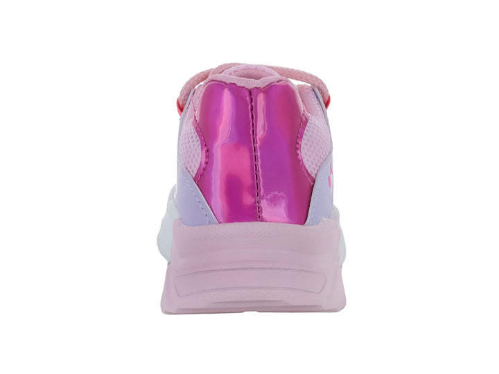 Tenis deportivos para niña en color rosa y morado con detalles brillantes y suela blanca gruesa.