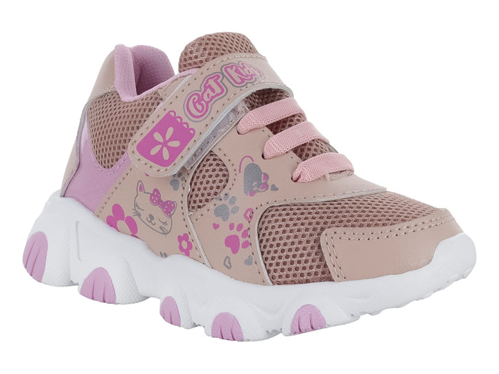 Tenis deportivos para niña en color maquillaje con detalles rosas, suela blanca y diseño de gatito.