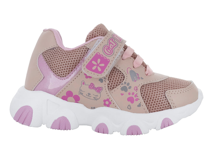 Tenis deportivos para niña en color maquillaje con detalles rosas, suela blanca y diseño de gatito.