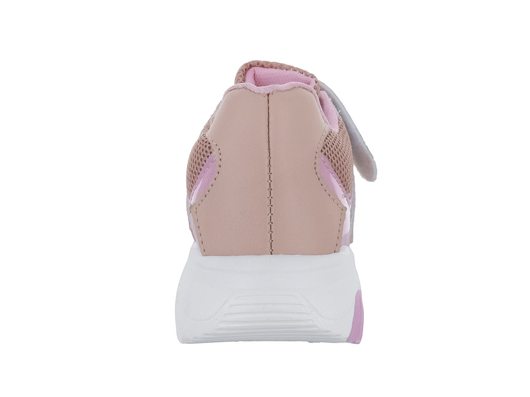 Tenis deportivos para niña en color maquillaje con detalles rosas, suela blanca y diseño de gatito.