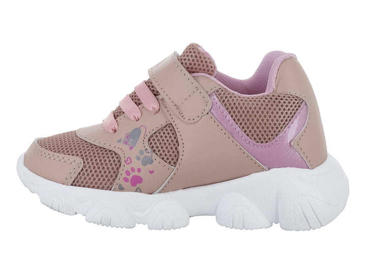 Tenis deportivos para niña en color maquillaje con detalles rosas, suela blanca y diseño de gatito.