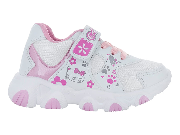 Tenis deportivos para niña color blanco y rosa con detalles de gatos y suela gruesa.