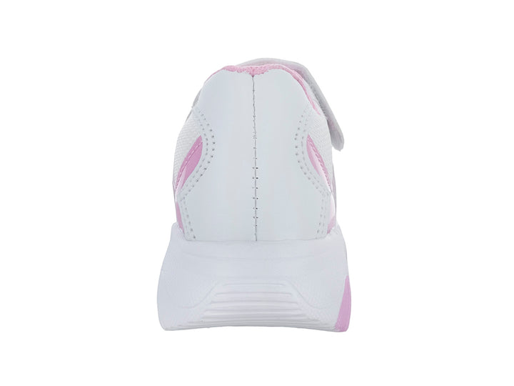 Tenis deportivos para niña color blanco y rosa con detalles de gatos y suela gruesa.