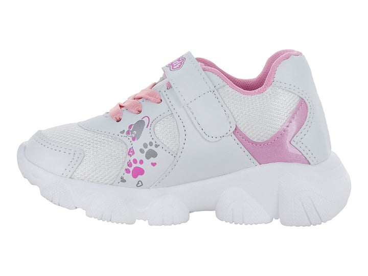 Tenis deportivos para niña color blanco y rosa con detalles de gatos y suela gruesa.