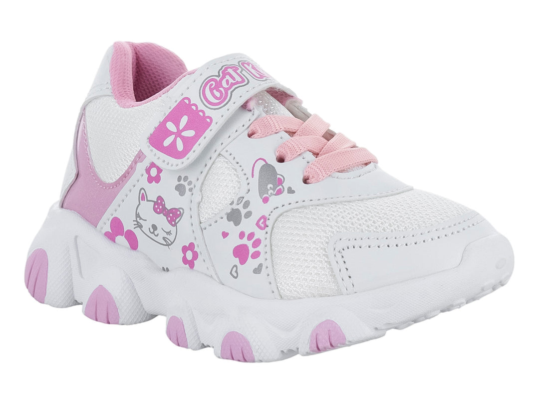 Zapatos deportivos para niña en color blanco y rosa con detalles de gatos y suela blanca con acentos rosas.