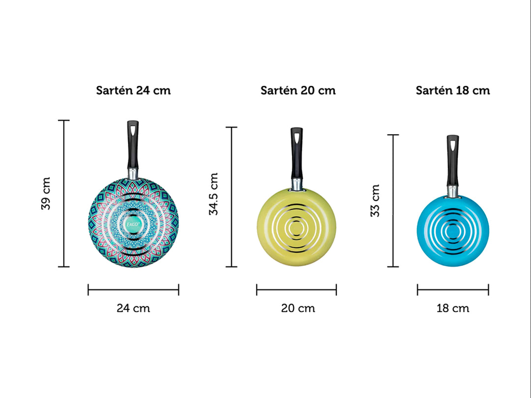 Set de Sartenes Ekco Photopaint Azul y Verde 3 Piezas
