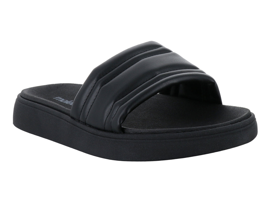 Sandalias casuales color negro para mujer con banda acolchada y suela plana.