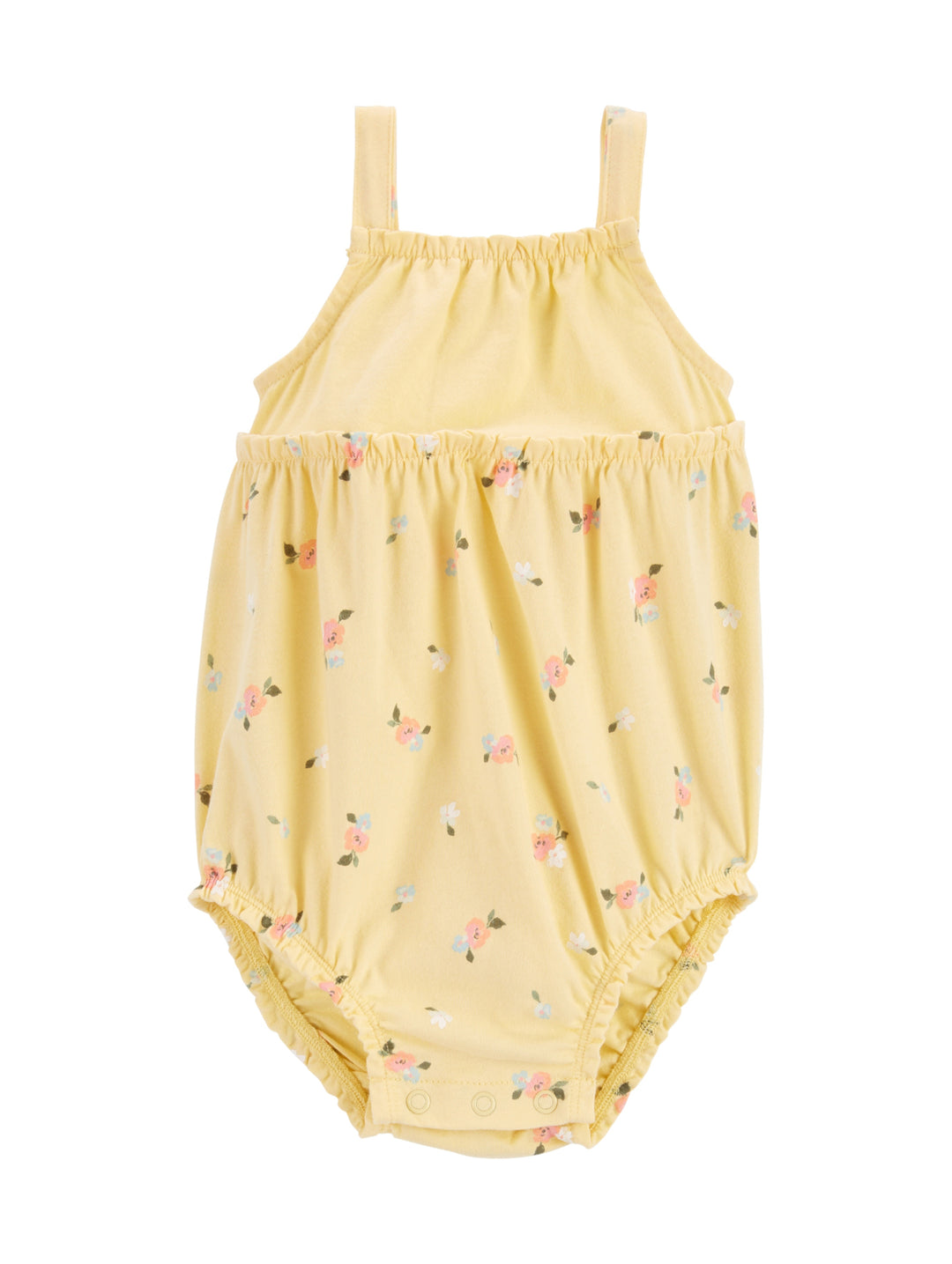 Romper amarillo para bebé con estampado floral pequeño y tirantes.