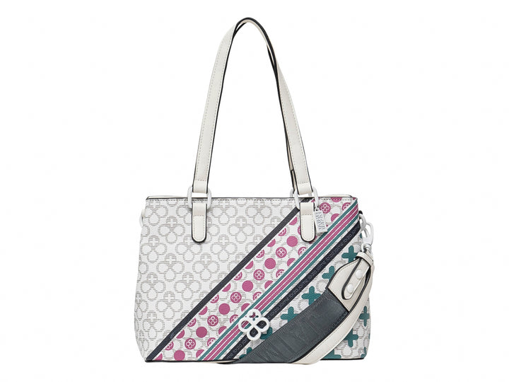 Bolso de hombro Jaime Ibiza en color blanco con detalles diagonales en chocolate, rosa y gris.