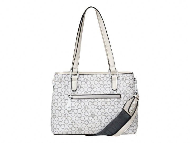 Bolso de hombro Jaime Ibiza en color blanco con detalles diagonales en chocolate, rosa y gris.