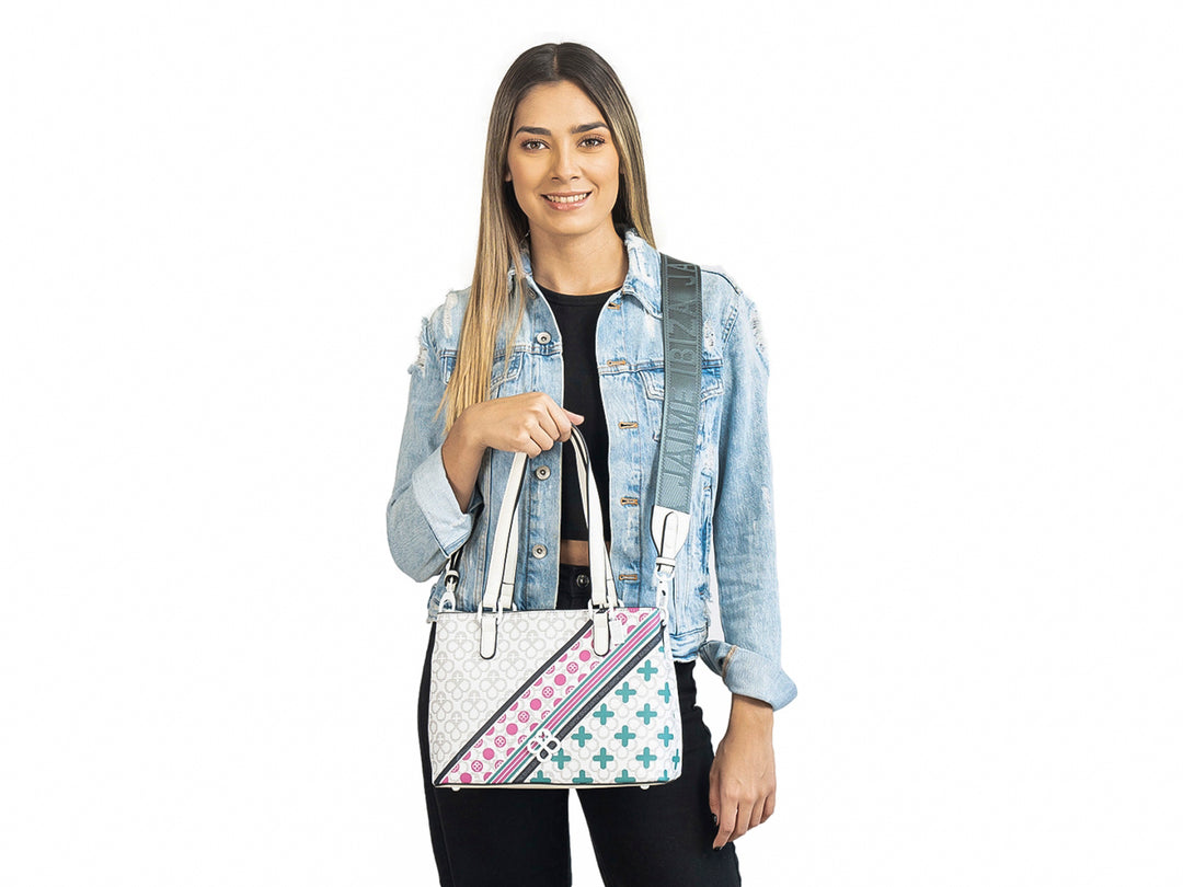 Bolso de hombro Jaime Ibiza en color blanco con detalles diagonales en chocolate, rosa y gris.