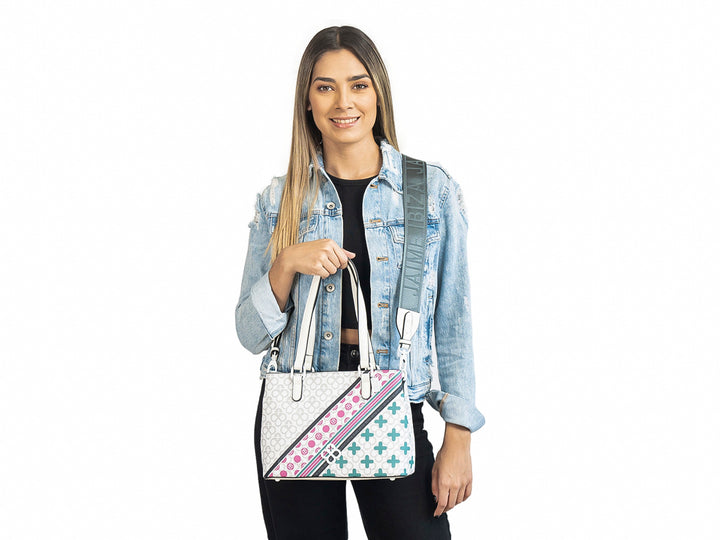 Bolso de hombro Jaime Ibiza en color blanco con detalles diagonales en chocolate, rosa y gris.