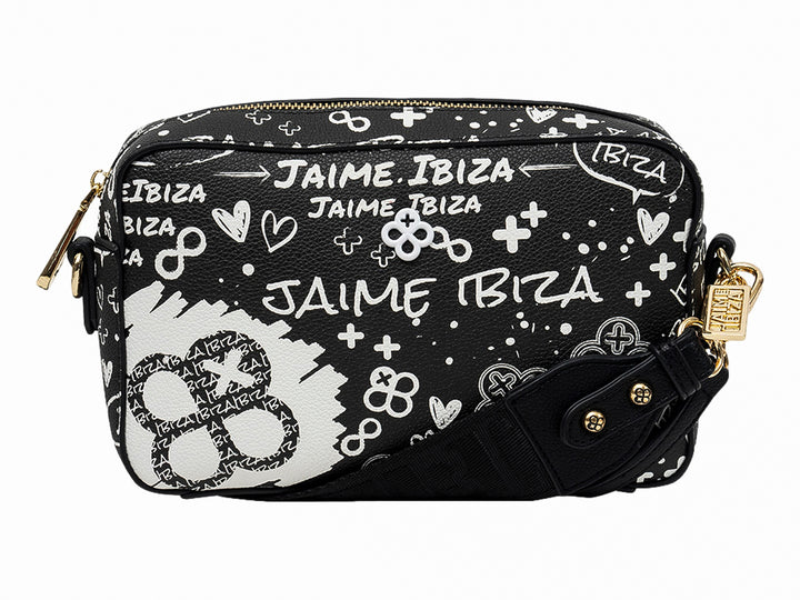 Bolso negro con estampados gráficos en blanco y herrajes dorados de la marca Jaime Ibiza.