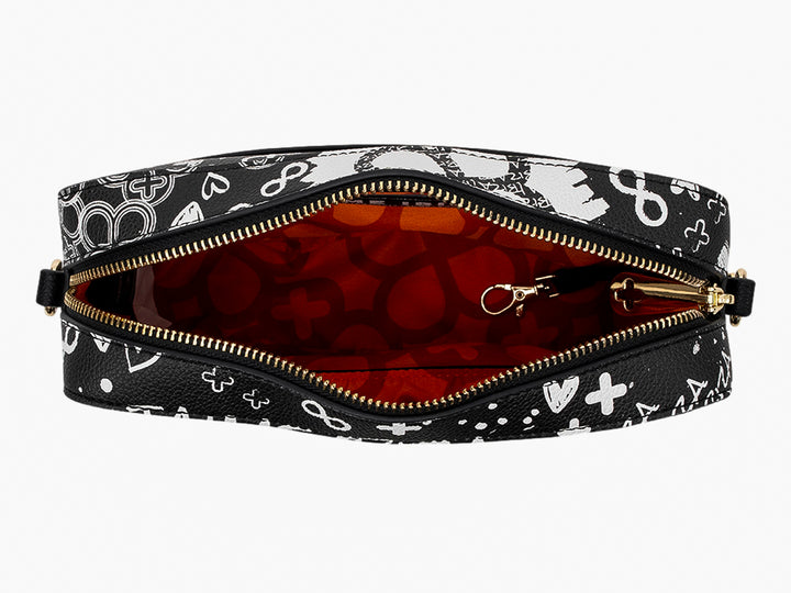 Bolso negro con estampados gráficos en blanco y herrajes dorados de la marca Jaime Ibiza.