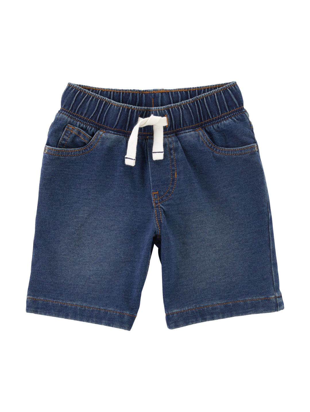 Shorts de mezclilla azul con cintura elástica y jareta blanca para niño o bebé.