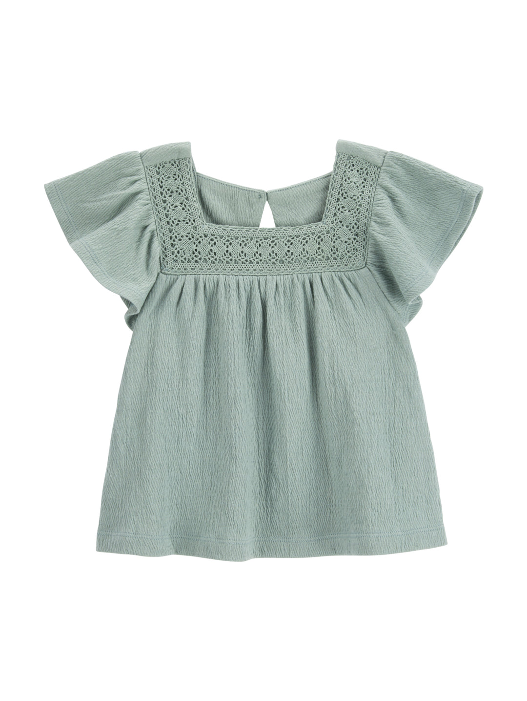 Blusa para niña color verde menta con mangas volantes y detalle calado en el pecho.