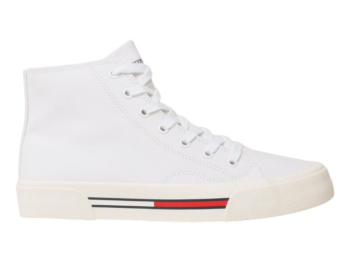 Tenis botín Tommy Hilfiger en color blanco con detalles lineales rojos y azules en la suela.