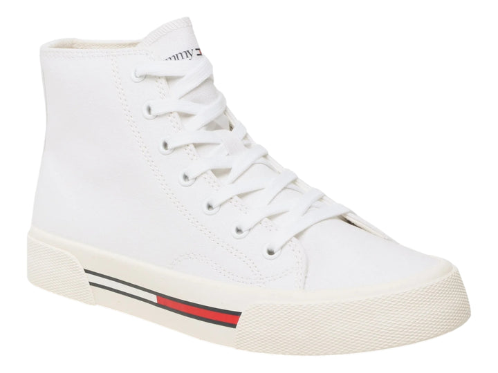 Tenis botín Tommy Hilfiger en color blanco con detalles lineales rojos y azules en la suela.