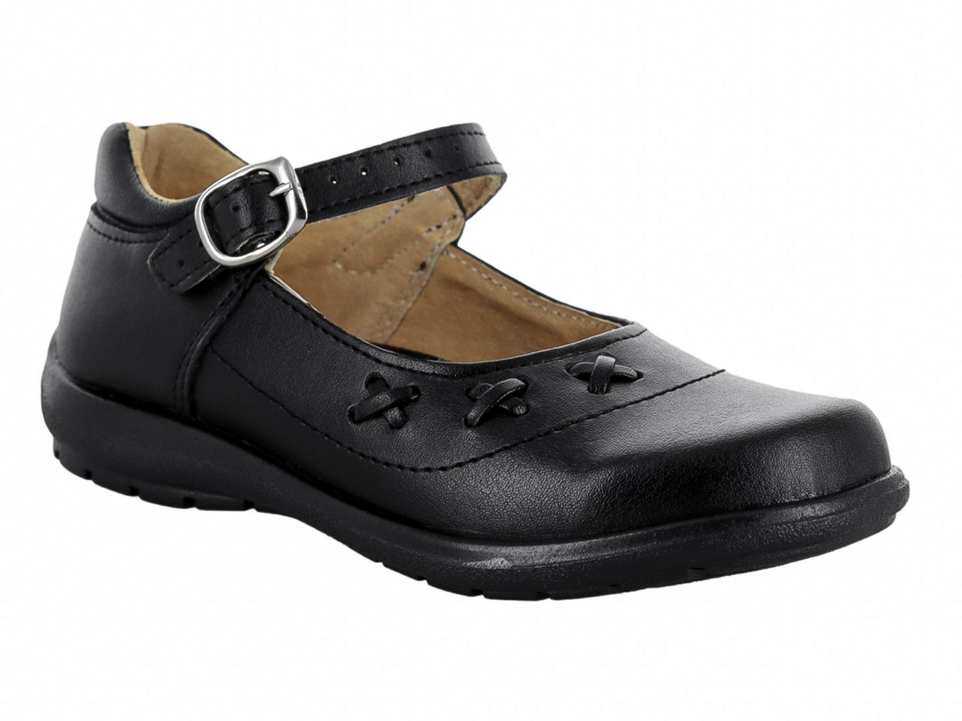 Zapato escolar negro tipo Mary Jane con correa y hebilla para niña.