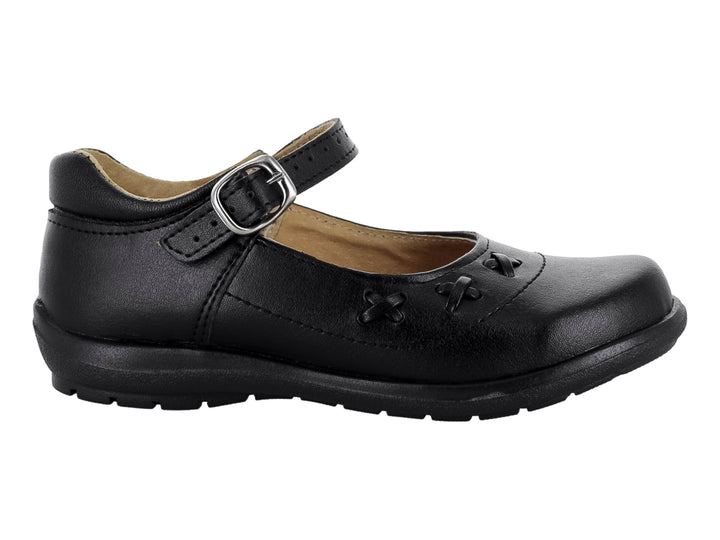 Zapato escolar negro tipo Mary Jane con correa y hebilla para niña.