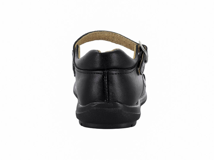 Zapato escolar negro tipo Mary Jane con correa y hebilla para niña.
