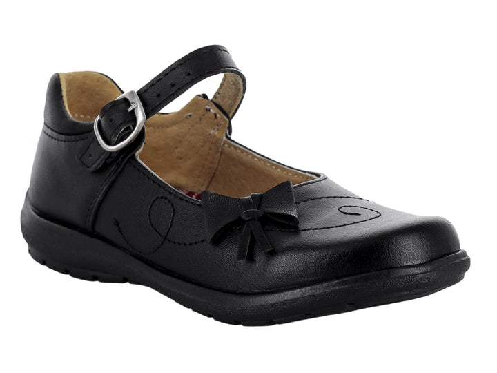 Zapato escolar negro para niña con moño decorativo y correa con hebilla.