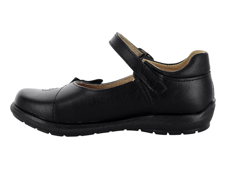 Zapato escolar negro para niña con moño decorativo y correa con hebilla.