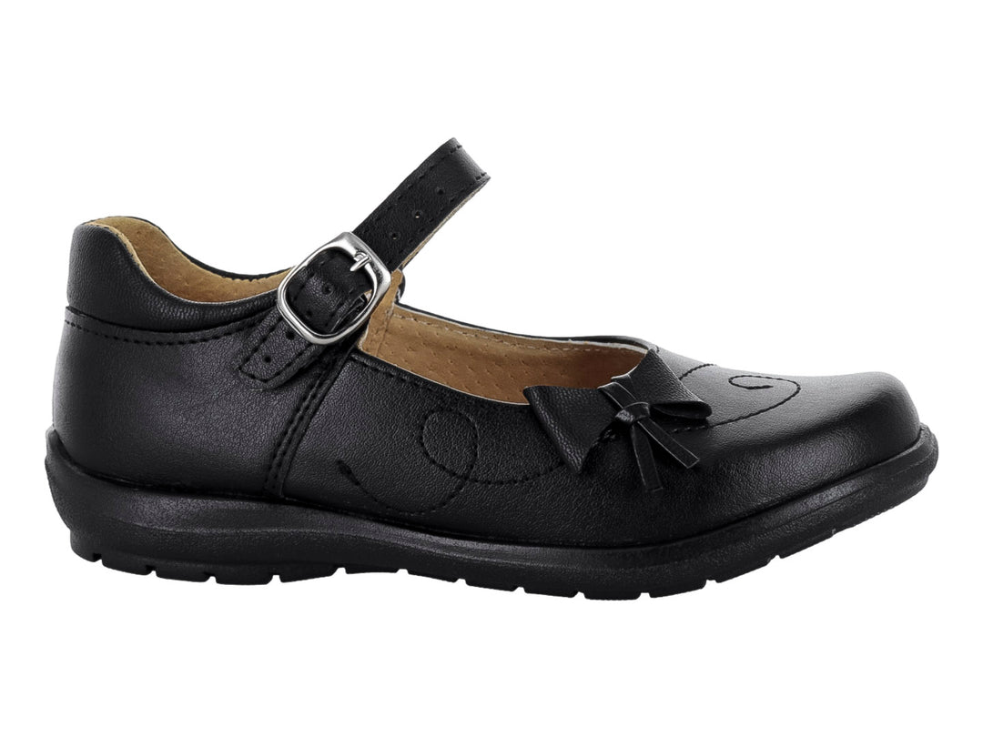 Zapato escolar negro para niña con moño decorativo y correa con hebilla.